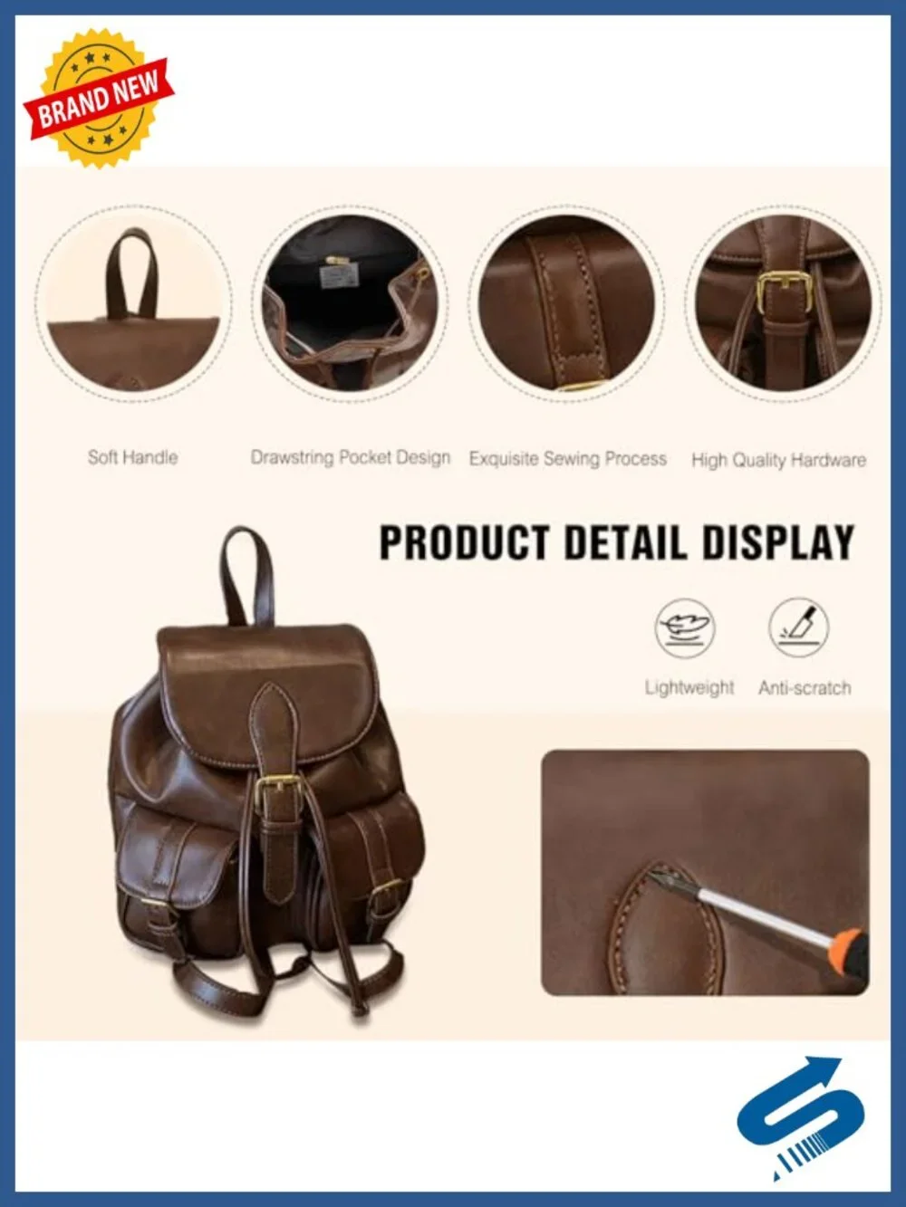 PU Leather Womens Backpack Ladies Waterproof Daypack Medium Drawstring School